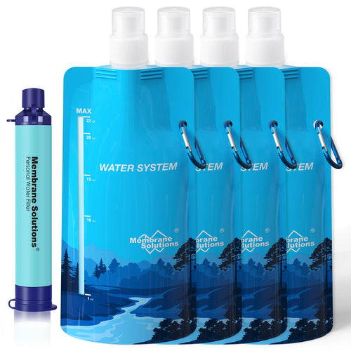 Membrane Solutions Squeeze Water Filtration System Survival Water Purifier Kit Portable Backpacking Gear Including Water Filter Straw and 23oz Collapsible Water Bottle for Hiking Camping Travel(1+4)